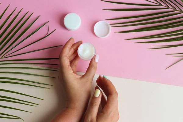 Female Hands Hold Jar Body Cream Pastel Pink Beige Background — Stock Photo, Image