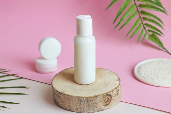 Body Face Cream Jars White Tubes Wooden Cut Close Beauty — Stock Photo, Image
