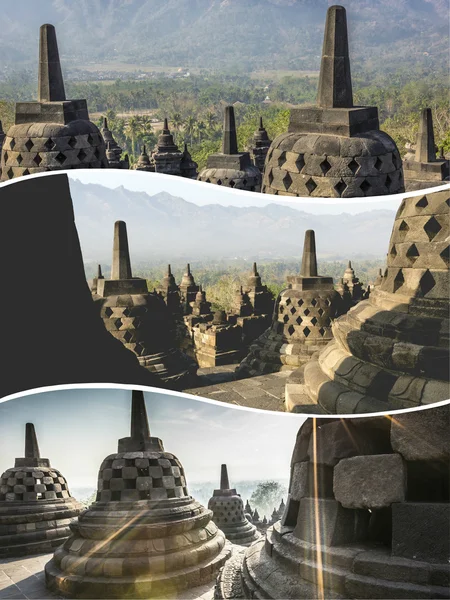 Koláž obrazů Borobudur (Indonésie) - cestovní pozadí (m — Stock fotografie