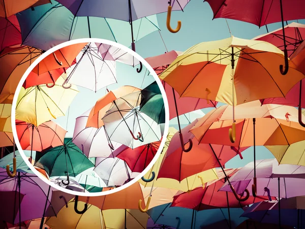 Collage of colorful umbrella street decoration. — Stock Photo, Image