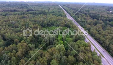 Kuzeyinde Polonya giderken yolun ormanın içinde üzerinde video dron havadan görünümü.