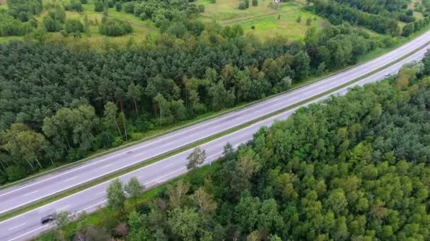 Video vista aérea del dron sobre la carretera en el bosque en el camino al norte de Polonia . — Vídeos de Stock