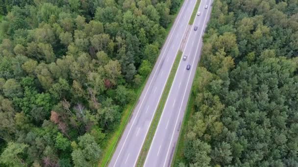 Video vista aérea del dron sobre la carretera en el bosque en el camino al norte de Polonia . — Vídeos de Stock