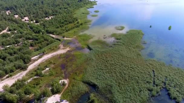 Letní čas jezero a zelený Les, písek a odraz ve vodě, Polsko krajiny. Pohled shora. — Stock video