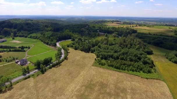 Roccia calcarea e paesaggio rurale nel Jura Krakowsko-Czestochowska. Polonia. Vista dall'alto . — Video Stock