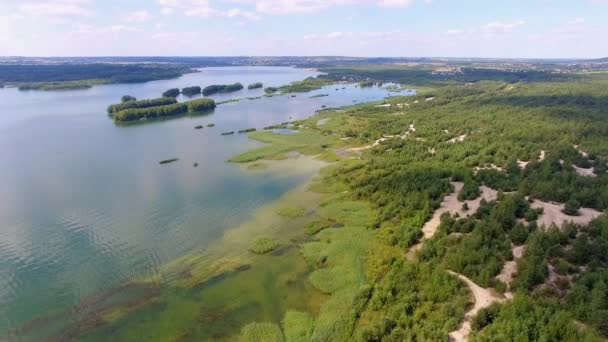 Sommer See und grüne Wälder, Sand und Spiegelung im Wasser, Polenlandschaft. Blick von oben. — Stockvideo