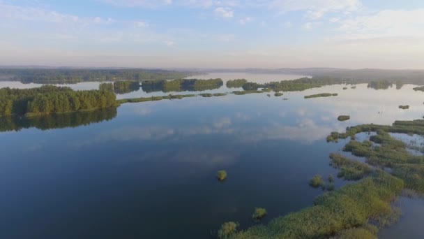 Nascer do sol no lago hora de verão e floresta verde, areia e reflexão na água, lanscape Polônia. Vista de cima . — Vídeo de Stock