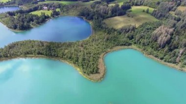 Masuria ve Podlasie bölgesinde, Polonya göl kenarında küçük adalar manzarası. Mavi su ve beyaz bulutlar. Yaz saati. Yukarıdan görüntülemek.