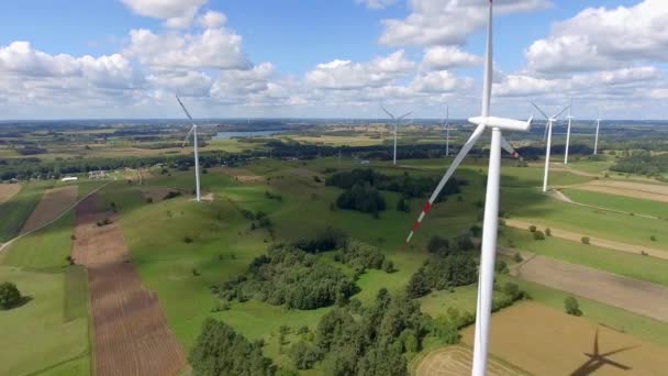 Větrné turbíny v Suwałki. Polsko. Pohled shora. Letní čas. — Stock video