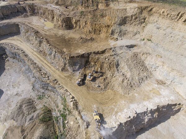 Mining quarry with special equipment, open pit excavation. Sand 
