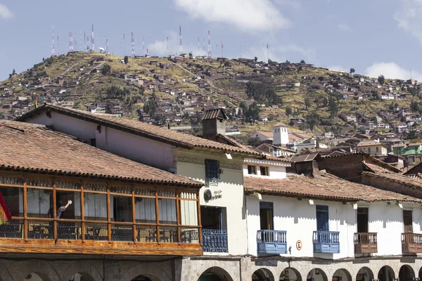 Luchtfoto van het centrale plein in de hoofdstad van de Inca's, Cuzco, P — Stockfoto