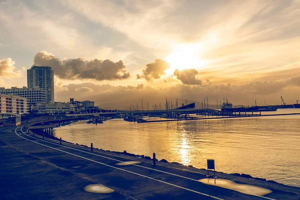 Vista Incrível Ponta Delgada Embankment Açores Ilha San Miguel Pôr — Fotografia de Stock