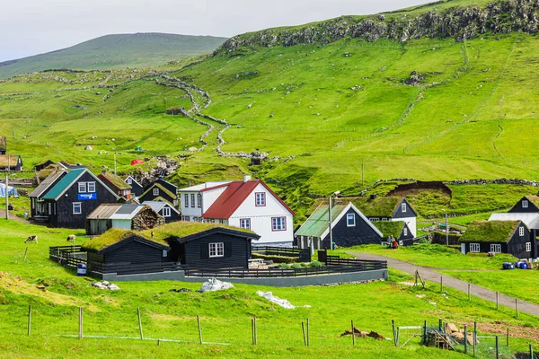 Wunderschönes Dorf Mykines Mit Bunten Häusern Mit Gras Auf Den — Stockfoto