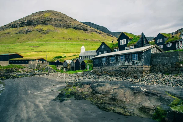 Typical Grass Roof Houses Green Mountains Vagar Island Faroe Islands — Stock Photo, Image