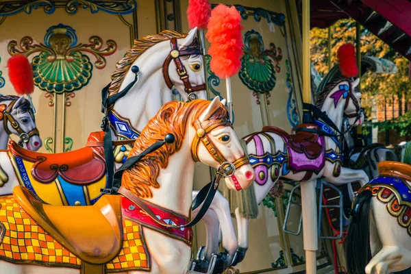 Old French Carousel Holiday Park Three Horses Airplane Traditional Fairground — Stock Photo, Image