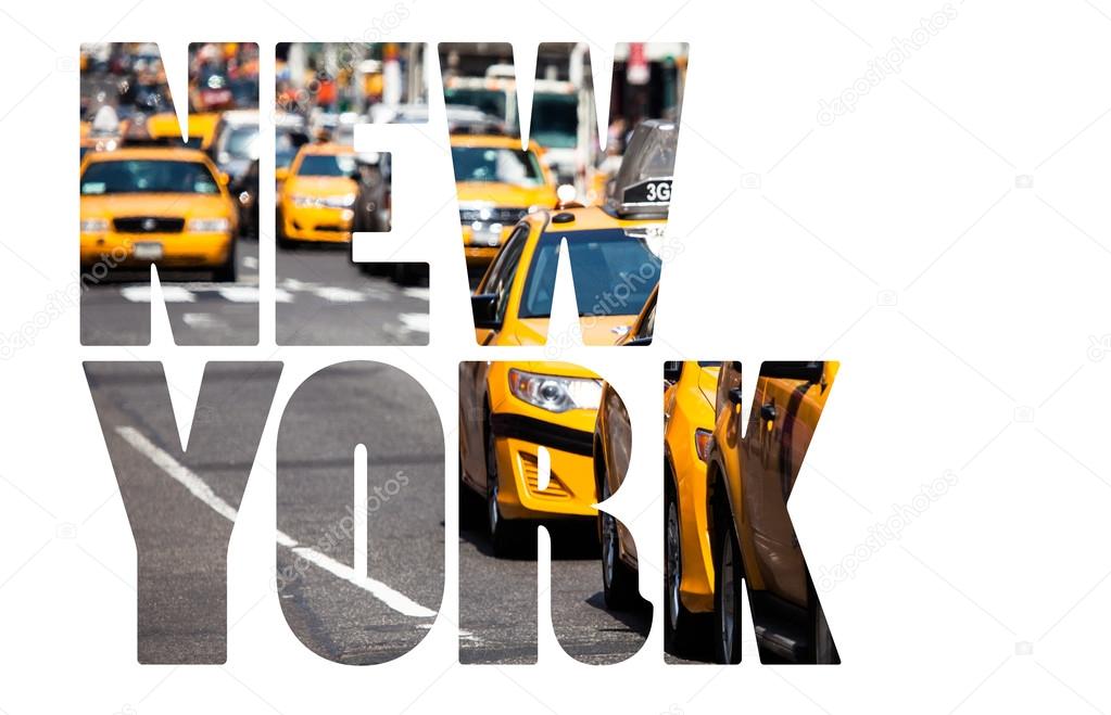 Yellow cab speeds through Times Square in New York, NY, USA. 