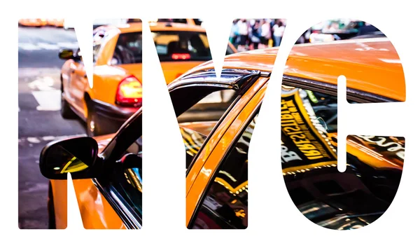 Gelbes Taxi rast durch quadratische Zeiten in New York, NY, USA. — Stockfoto