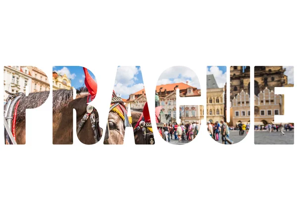 Wort Prag über Stadtsymbole. — Stockfoto