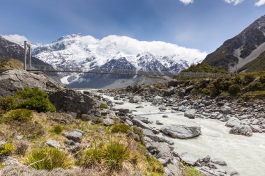 Fahişe Nehri üzerinde Aoraki milli parkta Yeni Zelanda köprü 