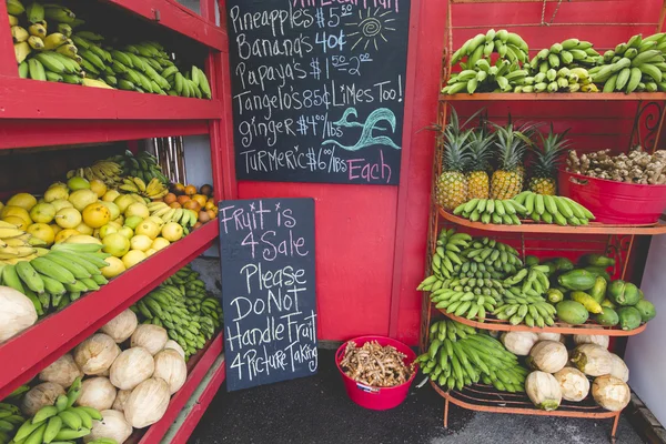मौई वर रस्त्याच्या बाजूला स्टँडवर अननस आणि इतर फळे विक्रीसाठी — स्टॉक फोटो, इमेज
