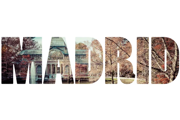 Word Madrid over Crystal Palace (Palacio de cristal) in Retiro P — Stock Photo, Image