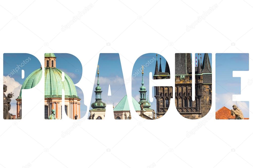 Word PRAGUE over city symbols.