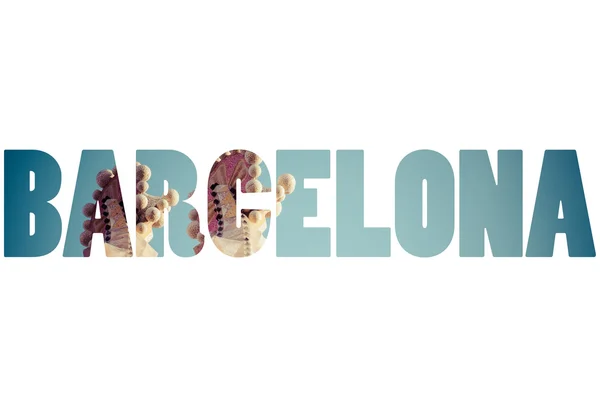 Słowo BARCELONA nad Sagrada Familia przez Antoni Gaudi — Zdjęcie stockowe