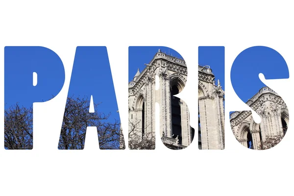 Word PARIS over Cathedral Notre Dame — Stock Photo, Image