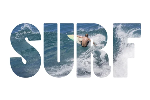 Parola SURF cavalcando gigantesca onda oceanica alle Hawaii — Foto Stock