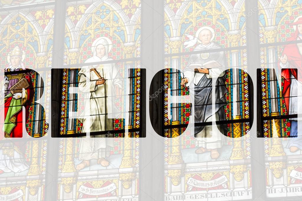Word RELIGION over stained glass church window