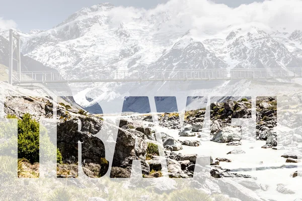 Palabra VIAJE sobre Mount Cook, Nueva Zelanda . — Foto de Stock