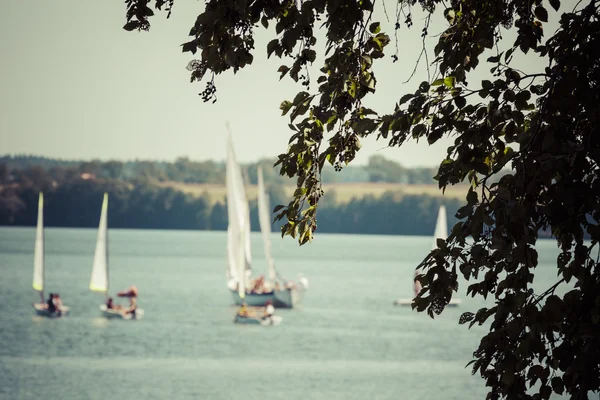 Yacht sullo sfondo, Lago Goldopiwo, Masuria, Polonia . — Foto Stock