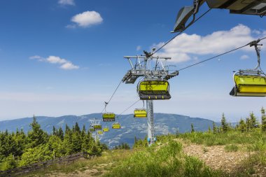 Szczyrk, Polonya - 4 Temmuz 2015: Sarı teleferik Skrzyczne m