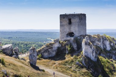 Beyaz kayalar ve harap Ortaçağ Kalesi, Olsztyn, Polonya 