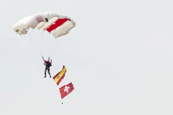 RADOM, POLAND - AUGUST 23: Parachutist with the diferent flags a — Stock Photo, Image