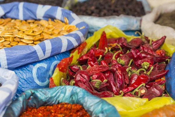 Beautiful vivid oriental market with bags full of various spices — Stock Photo, Image