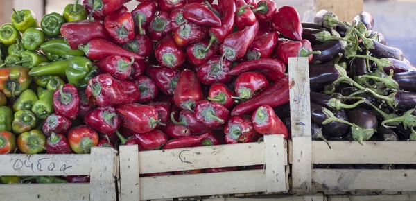 Detailní záběr na zelené a červené hot chili peppers, paprika — Stock fotografie