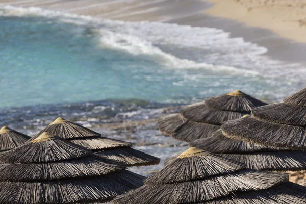 Detalle de sombrillas tejidas sobre filas en la playa en Chipre . —  Fotos de Stock