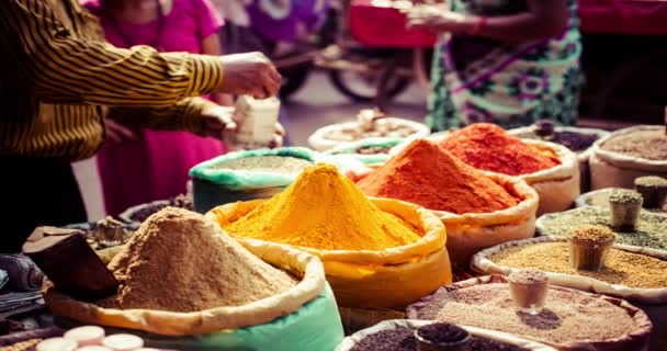 Traditionella kryddor och torkad frukt i lokala basaren i Indien. — Stockvideo