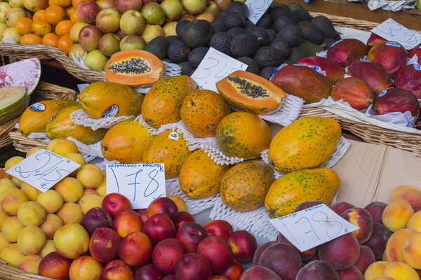Fresh exotic fruits in Mercado Dos Lavradores.Madeira Island, Po