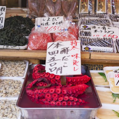 Kızıl canlı ahtapot Tsukiji balık pazarında, Tokyo, Japonya