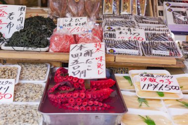 Kızıl canlı ahtapot Tsukiji balık pazarında, Tokyo, Japonya