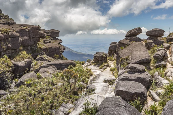 Sentiero giù dall'altopiano Roraima passa sotto una cascata - Venez — Foto Stock