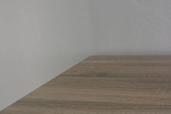 Biała Ściana Drewniane Tło Podłogowe Miejscem Kopiowania Makiet — Zdjęcie stockowe