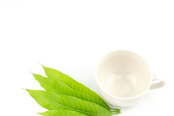 Empty White Coffee Cup Mango Leaves Isolated White Background — Fotografia de Stock