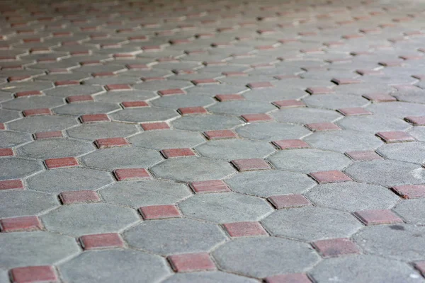 Gray Hexagon Red Square Paving Concrete Selective Focus — Foto Stock