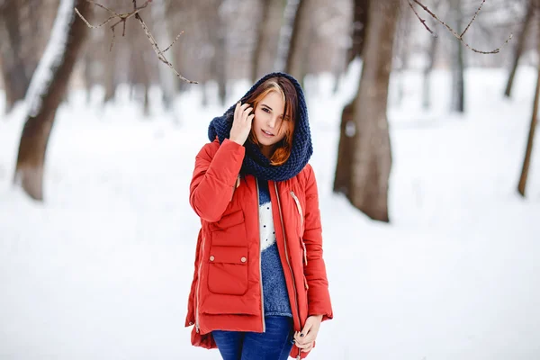 Portrait d'une belle fille dans un parc d'hiver. — Photo