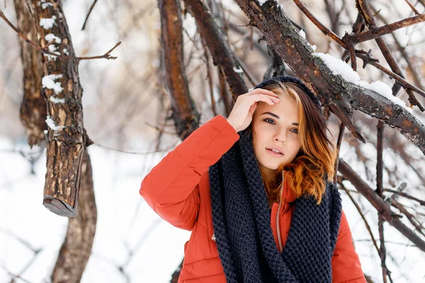 Porträtt av en naturlig, ung och vacker kvinna i en vinter pa — Stockfoto