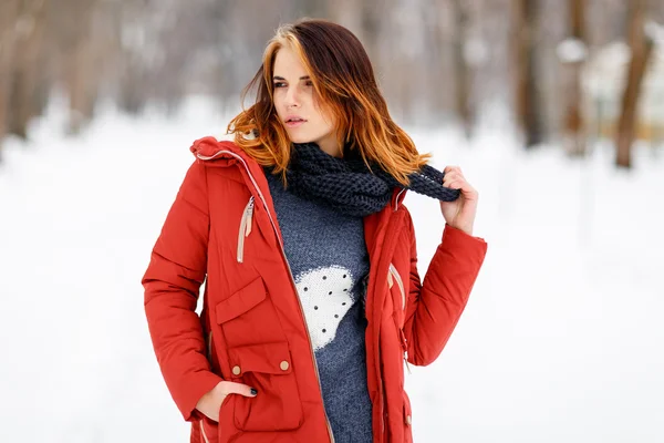 Portrait d'une belle fille dans un parc d'hiver. — Photo