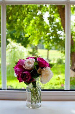 Beyaz ve Mor gül pencere pervazına üzerinde